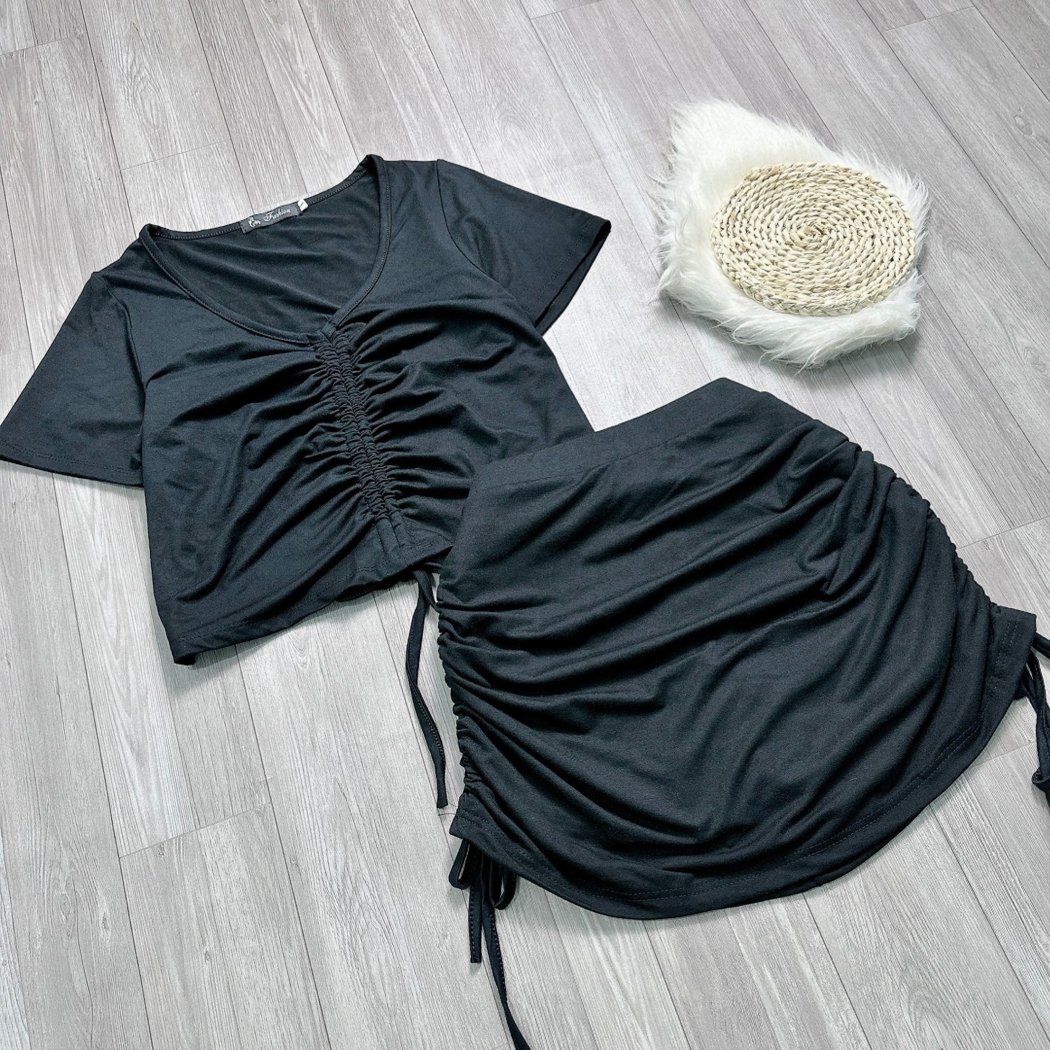 Set Áo thun croptop bigsize và chân váy rút dây phía trước hai bên Áo thun chân váy nữ BIGSIZE CÔ NH