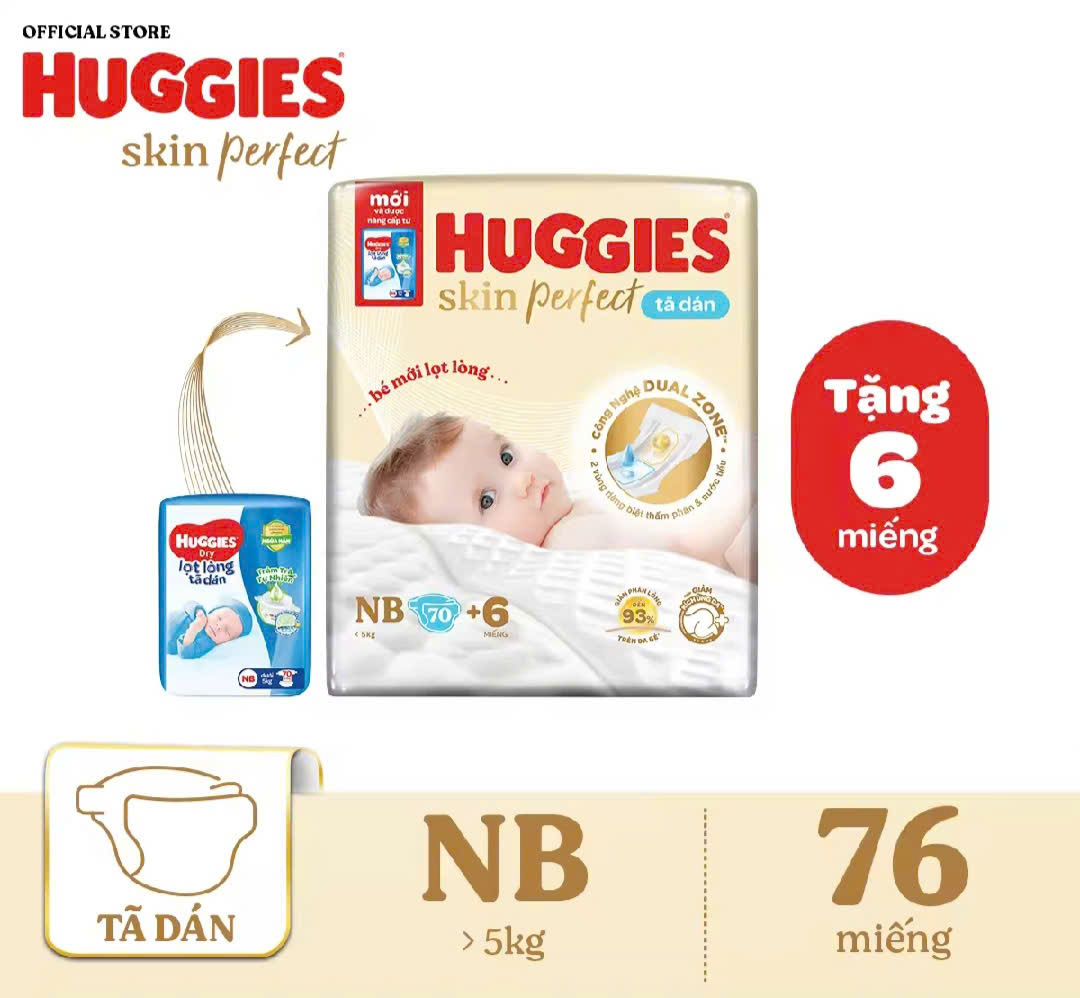 Tã dán Huggies Skin Perfect size NB 70 (Dưới 5 kg) S 54 S80 (4-8kg) M46 M76 (6-11kg) L68 (9-13 kg)