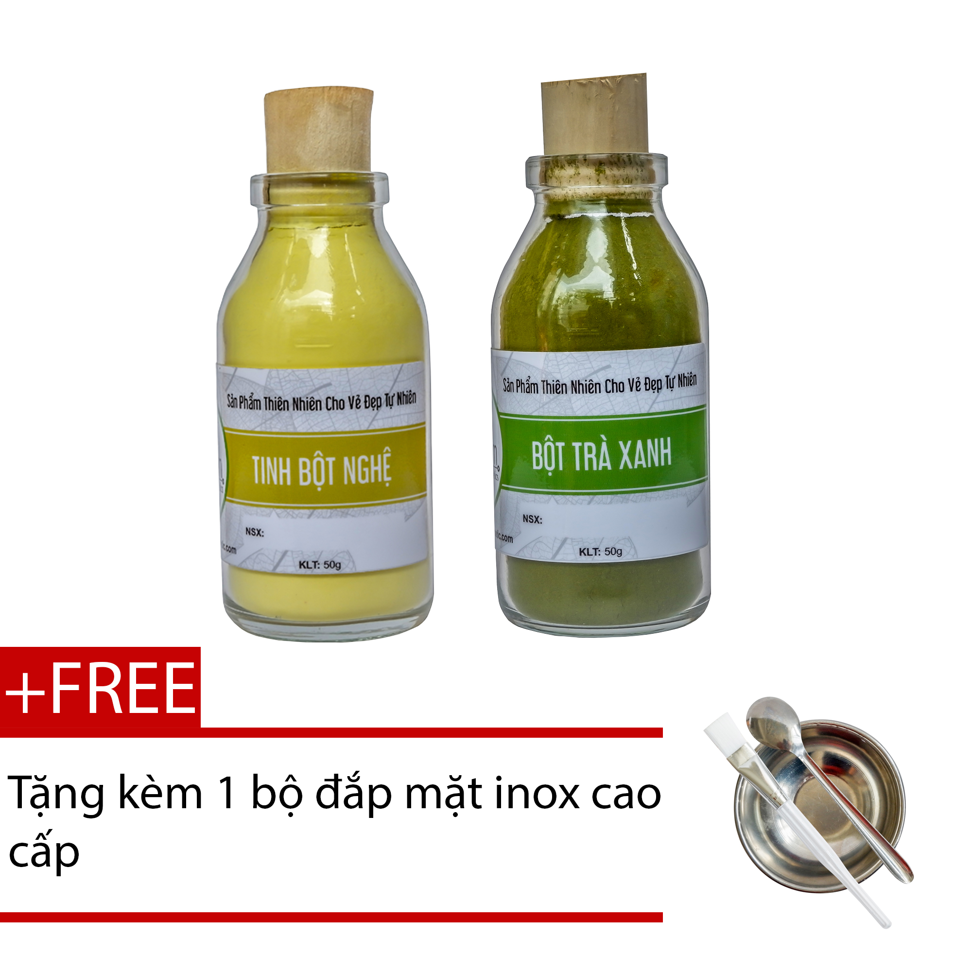 [HCM]Bộ 2 hũ bột trà xanh 50gr và Tinh bột nghệ 50gr + Tặng bộ đắp mặt inox cao cấp