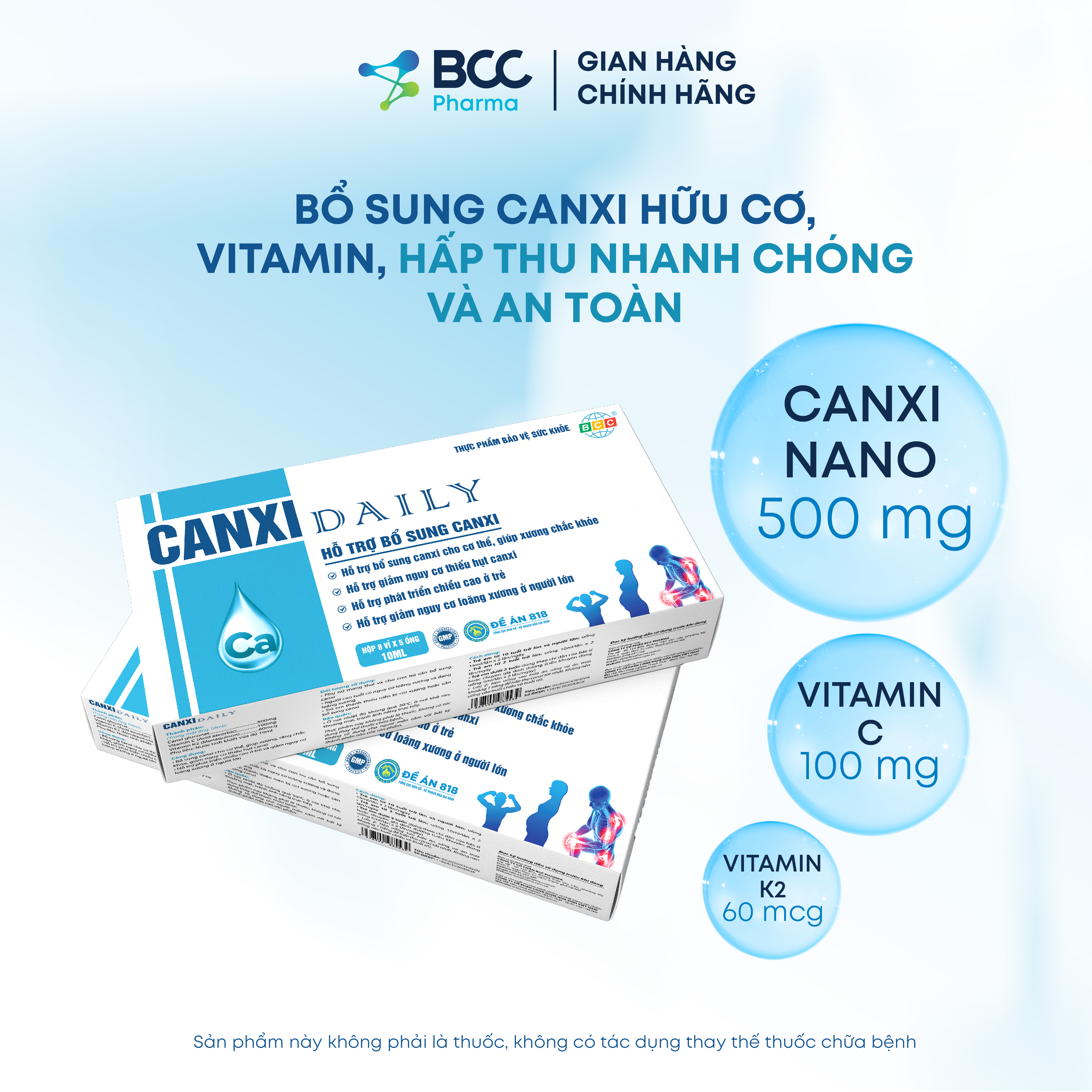Sản phẩm Canxi Daily bổ sung canxi hữu cơ nano cho xương chắc khỏe (hộp 40 ống)