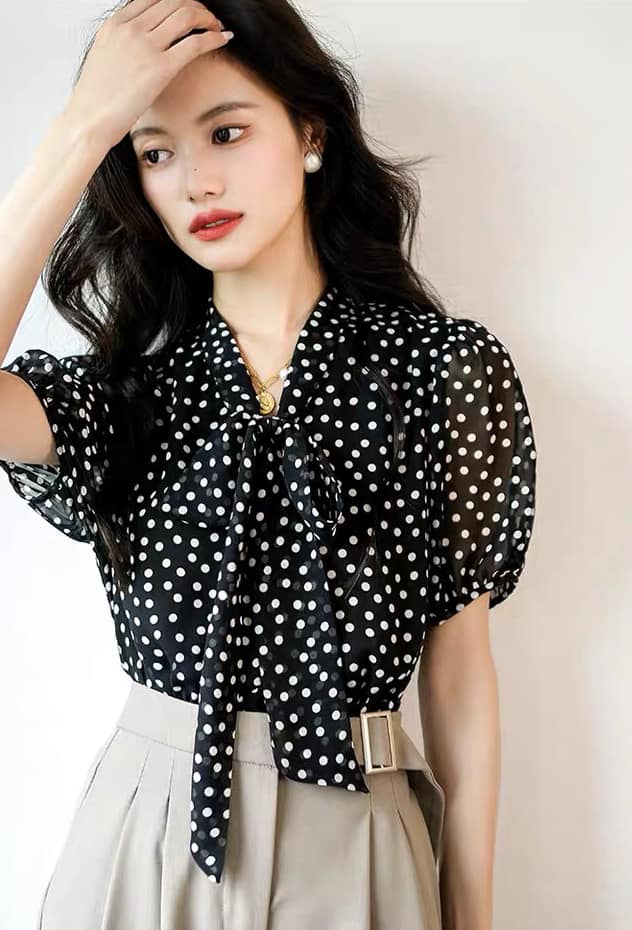 Áo Sơ Mi trung niên nữ U30 U40 U50Áo Sơ Mi Nữ Chấm Bi Cổ Nơ Dài Tay Ngắn HT_ Thời Trang Trung Niên
