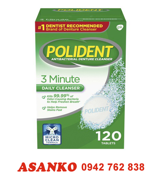 [Hcm][Usa Date 2024] Viên Sủi Làm Sạch Răng Hàm Giả Polident 3 Minute Triple Mint Antibacterial Denture Cleanser 120 Viên