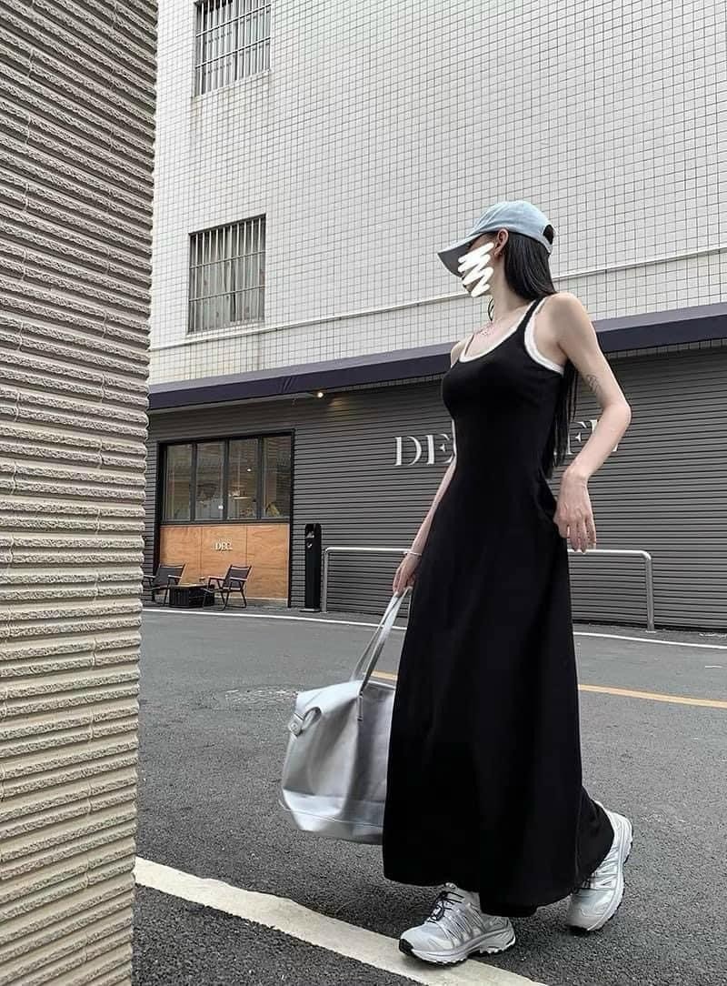 Váy body viền trắng 2 dây dáng dài phong cách ulzzang KUDOSHOP Đầm body ba lỗ dáng ôm màu đen gợi cả