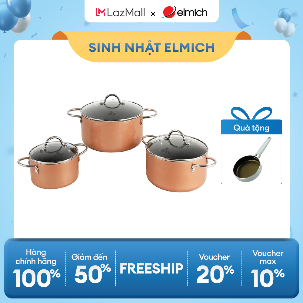 (Duy nhất 20h 04.05-07.05)Bộ nồi nhôm chống dính Elmich EL-4101OL size 162024cm