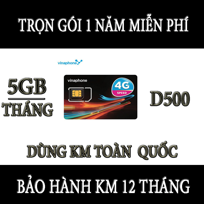 Sim 4G Vinaphone D500 5GB Trọn Gói 1 Năm Miễn Phí Không Nạp Tiền dùng cho máy tính bảng điện thoại d