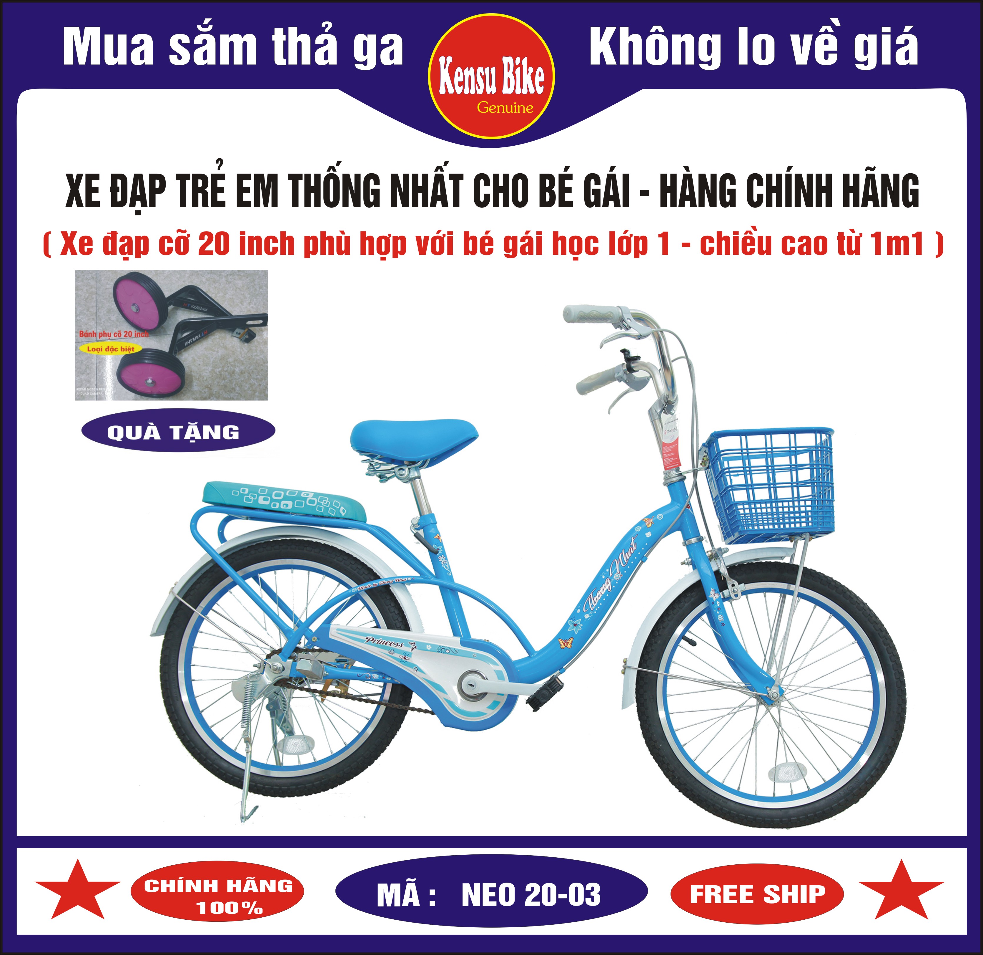 Xe đạp trẻ em từ 7 đến 10 tuổi chính hãng Thống Nhất dành cho bé gái mã Neo 20-03 - cỡ 20 inch - phù