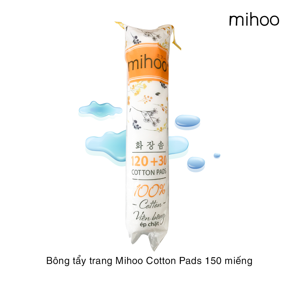 Bông Tẩy Trang Mihoo100% Cotton 3 Lớp Mềm Mịn Thấm Hút Cực Tốt Ép Viền Chặt 150 Miếng (120 + 30) Nhập Khẩu Hàn Quốc Kết Hợp Tốt Với Nước Tẩy Trang