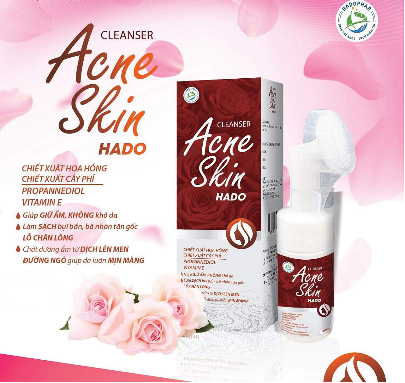 Sữa Rửa Mặt Tạo Bọt Acne Skin Hado - Đầu Silicon Massage Làm Sạch Sâu - Chiết Xuất Từ Hoa Hồng Và Cây Phỉ - Giúp Da Mặt Sáng Bóng - Hạn Chế Mụn Phát Triển
