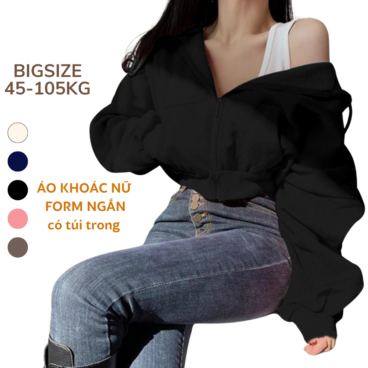 45-105KG Áo Khoác Nỉ Croptop Bigsize Hoodie Zip Dáng Ngắn Form Rộng Mũ To Có Túi Trong