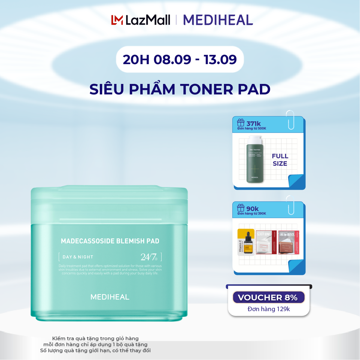 [20H 08-13.09  ƯU ĐÃI 30% + QUÀ ĐẾN 90K] Hộp 100 miếng toner pad Mediheal Làm Dịu Và Phục Hồi Medihe