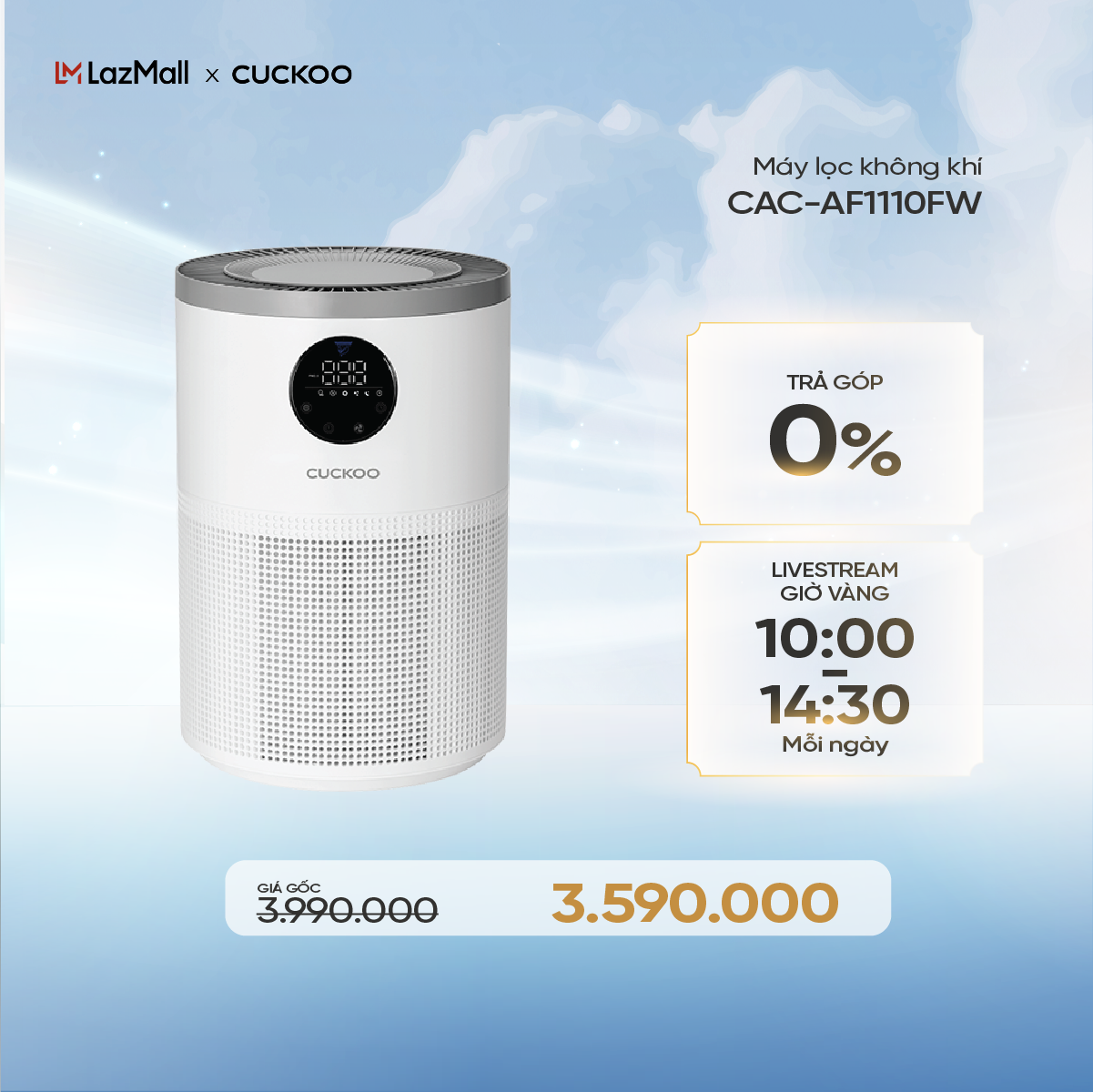 Máy lọc không khí Cuckoo 34m2 CAC-AF1110FW/WHCKV - 3 in 1 HEPA- lọc bụi mịn PMO.3- đèn cảnh báo chất