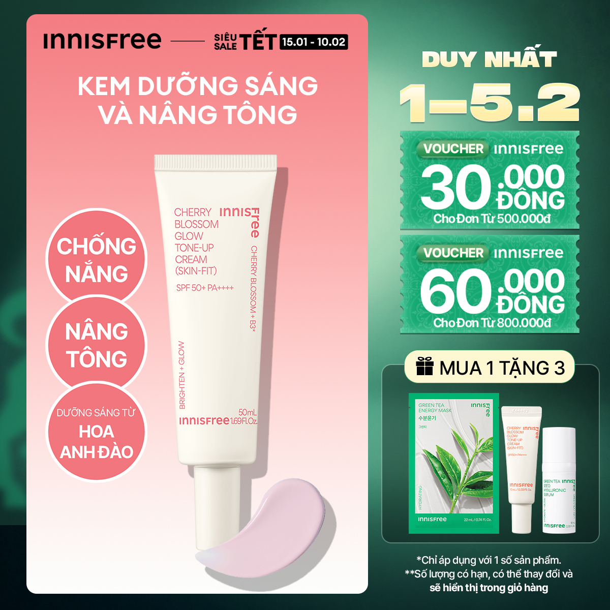 Kem dưỡng ẩm làm sáng chống nắng cho da INNISFREE Jeju Cherry Blossom Skin-Fit Tone-Up Cream SPF 50+