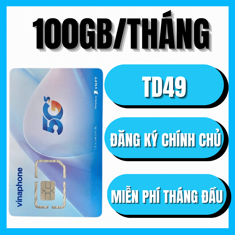 ( MIỄN PHÍ DATA THÁNG ĐẦU ) Sim 4G Vinaphone TD49 - 49K/tháng Dùng 100GB Tốc Độ Cao Truy cập mạng (