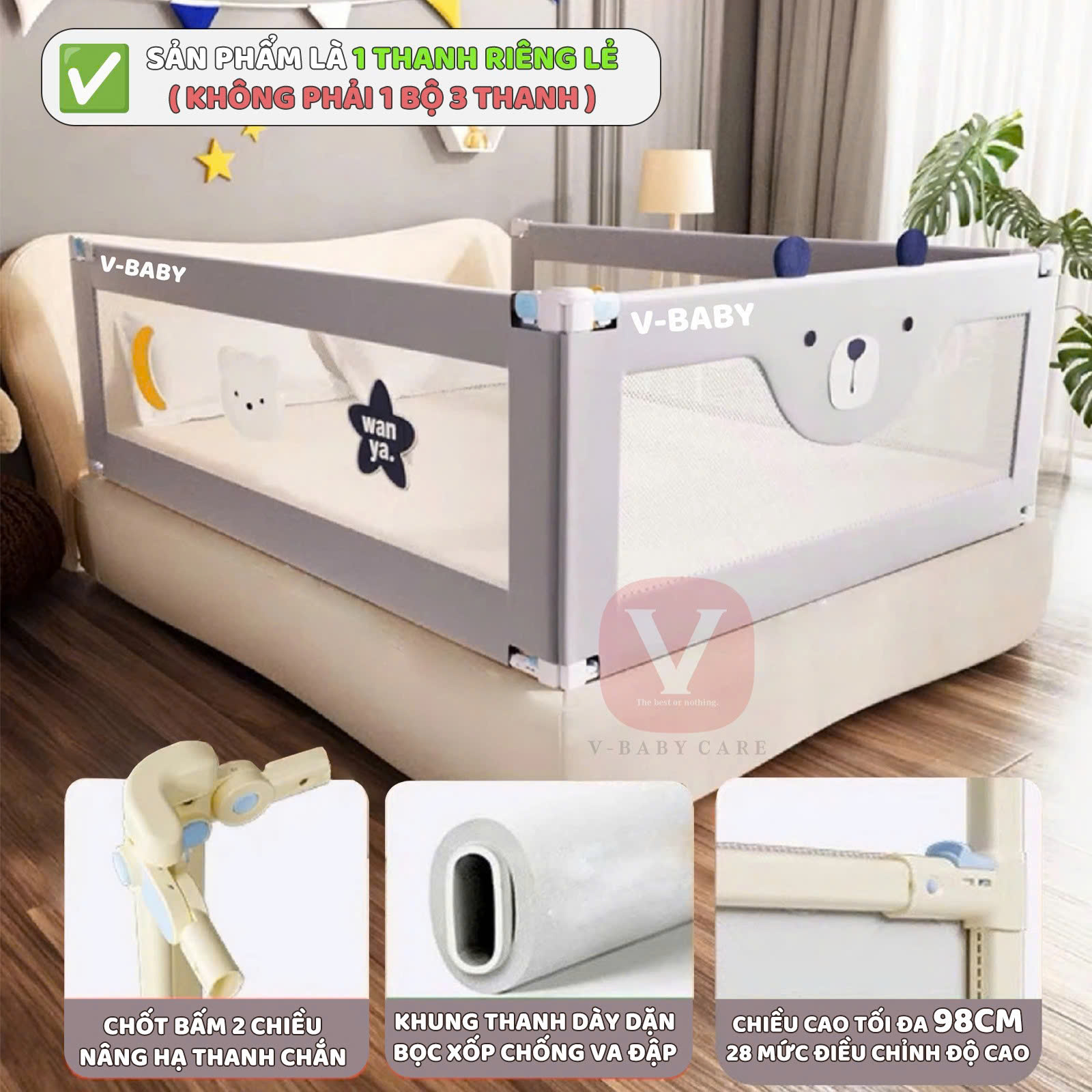 Thanh Chắn Giường V-BABY N002 - N1 Nâng Hạ 1 & 2 Bên Khung Nâng Cấp - 1 Thanh Chắn 1 Mặt