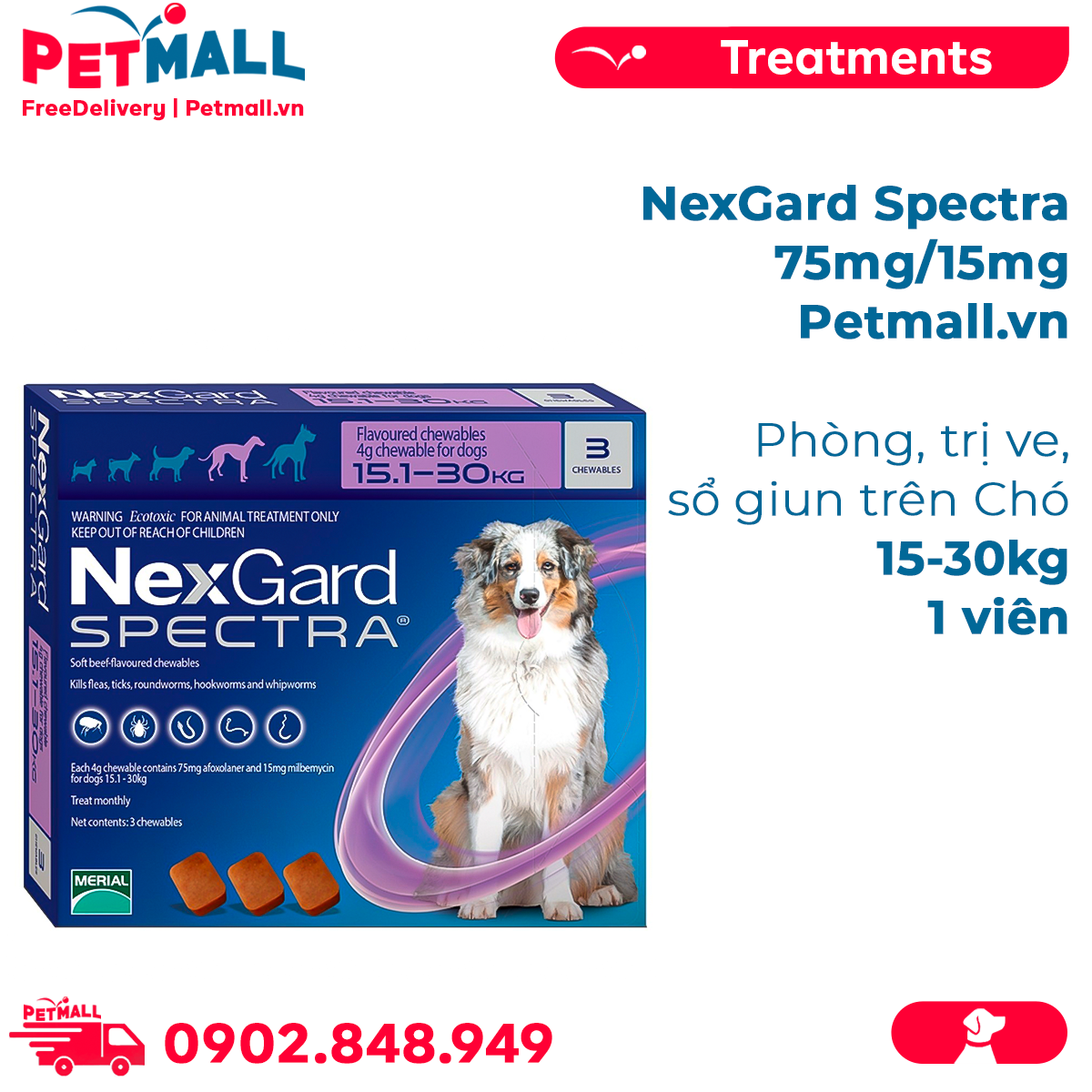 NexGard Spectra 75mg/15mg Phòng trị ve sổ giun trên Chó 15-30kg - 1viên Petmall