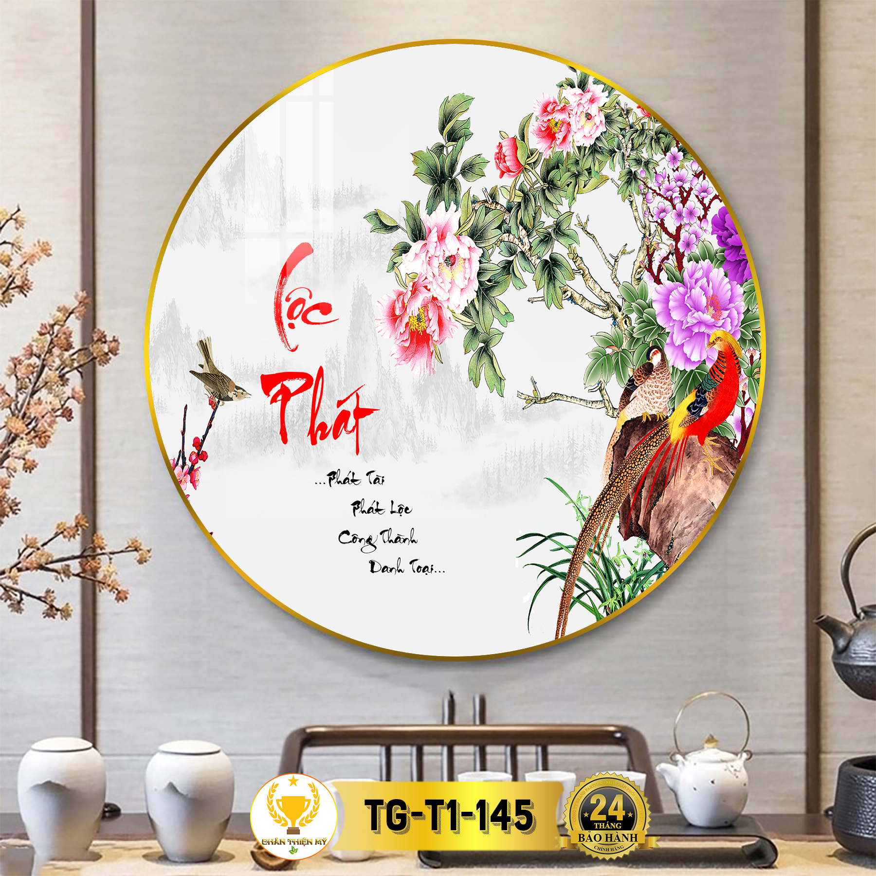 Tranh Tráng Gương Pha Lê Tròn CHÂN THIỆN MỸ Tranh Decor Treo Tường Trang Trí Phòng Hoa Sen Vàng TG-T