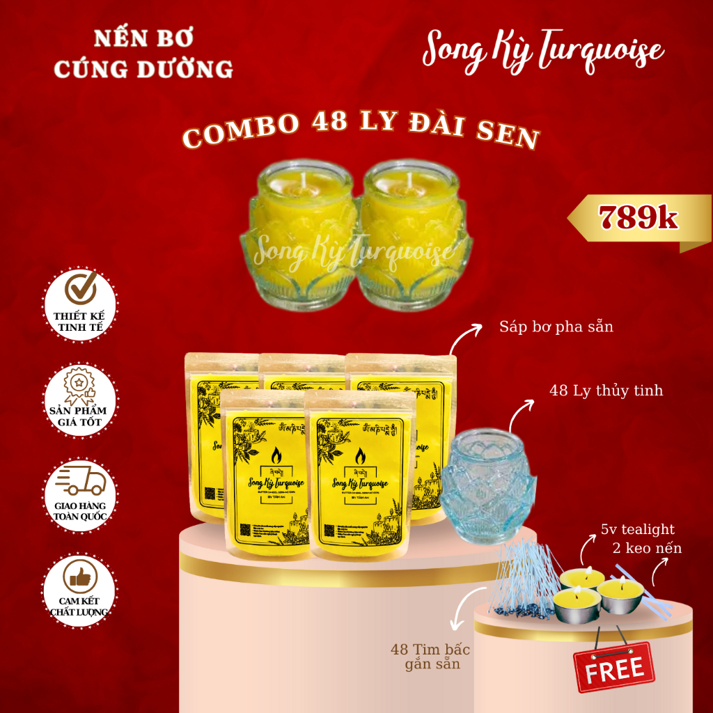 Nến Bơ Cúng Phật - Combo 48 Ly Đài Sen To - Nguyên Liệu Làm Nến Bơ Cúng Dường Tại Nhà - Nến Bơ Song Kỳ