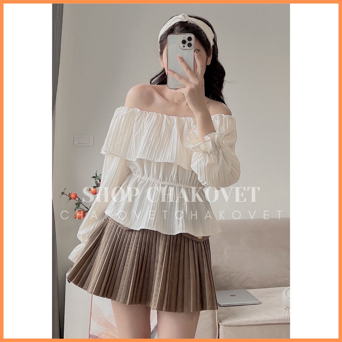 Ao Bèo Trễ Vai Dáng Ngắn Tiểu Thư Áo Thiết Kế Tay Phồng Bo Chun Cao Cấp Phong Cách Hàn Quốc- A.8608 
