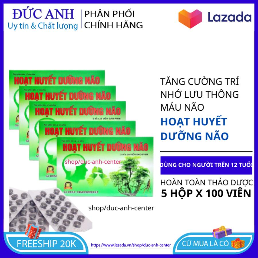 Hoạt Huyết Dưỡng Não 5 Hộp X 100 Viên Nén Bao Phim tăng cường trí nhớ giảm đau đầu chóng mặt Hoat hu