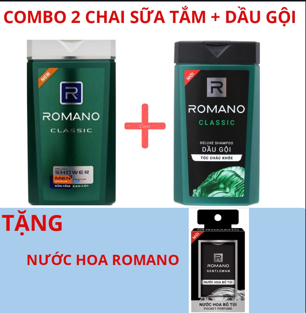 Combo 2 Chai Sữa Tắm + Dầu Gội Romano Tặng Nước Hoa Bỏ Túi Romano