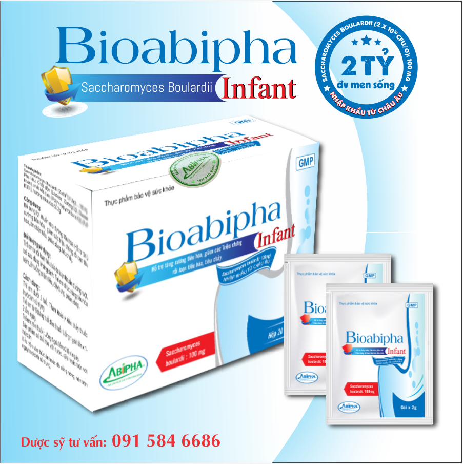 Men vi sinh cho trẻ - Bioabipha Infant hộp 20 gói chứa 2 tỷ Saccharomyces boulardii trong mỗi gói 3 gam.
