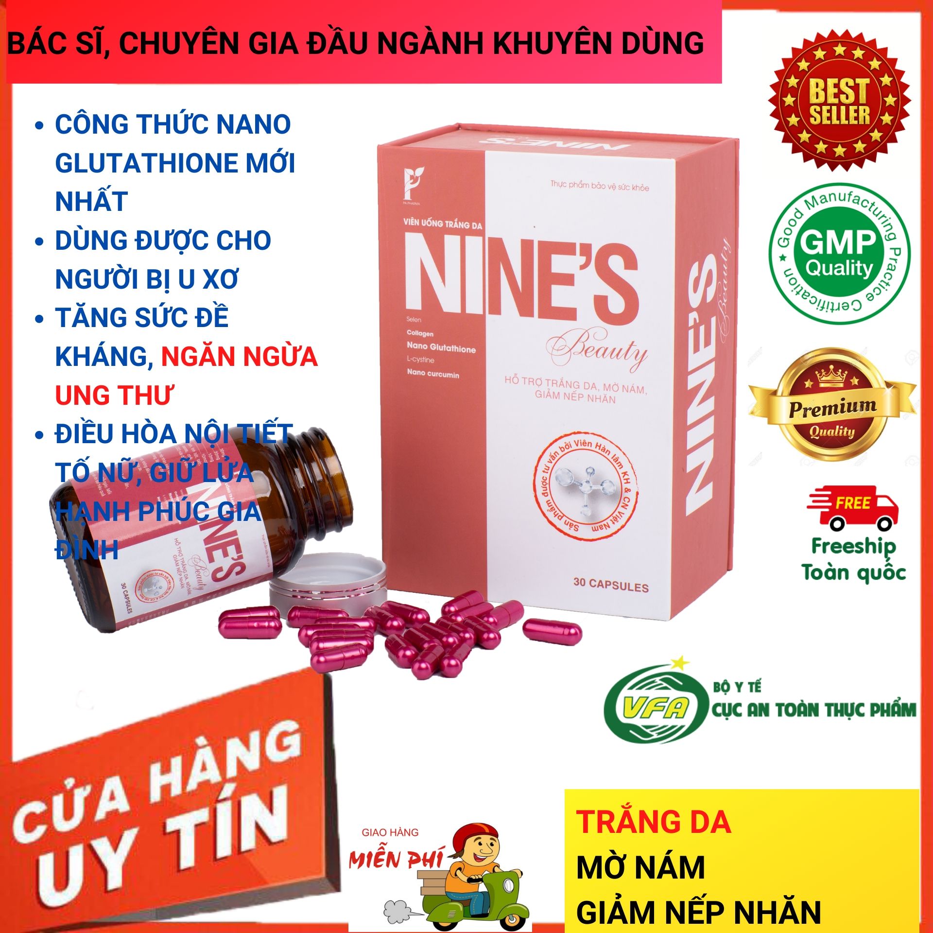 Viên Uống Trắng Da Toàn Thân Nines Beauty 30 Viên Hỗ Trợ Trị Nám Tàn Nhang Giảm Nếp Nhăn Cân Bằng Nội Tiết Tố Nữ Chống Lão Hóa Hỗ Trợ Thải Độc Mụn Nội Tiết Đau Bụng Kinh Ngăn Ngừa Ung Thư Ngủ Ngon Nano Glutathione Collagen Curcumin