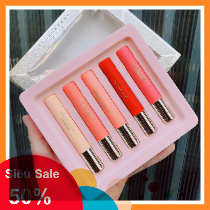 Set 5 cây son thỏi lì Hengfang Velvet makeup nắp vàng – Cavali – Son mềm mịn bám màu tốt tone màu trẻ trung năng động