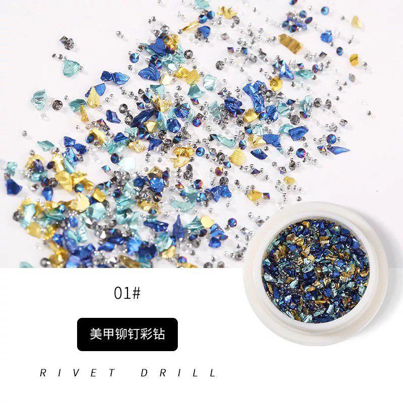 Đá nail mix charm trang trí móng tay nghệ thuậtphụ kiện nail chuyên dụng (hộp tròn trắng mix đá &amp phụ kiện kim loại)