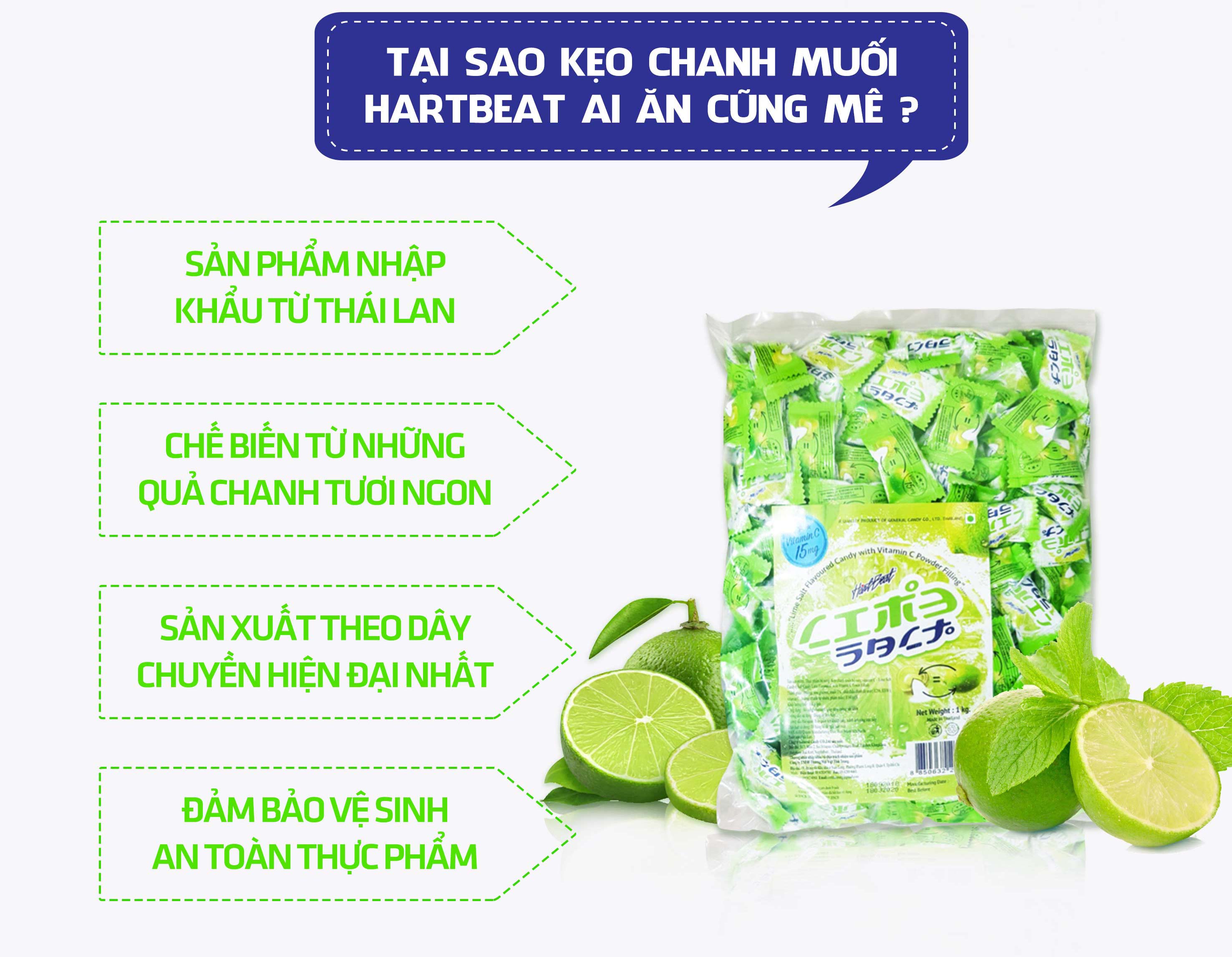 Thông tin sản phẩm: Tên sản phẩm: Kẹo chanh muối Thái Lan 100gr Trọng lượng: 100gr / gói Xuất xứ: Thái Lan Cung cấp vitamin, chất khoán cho cơ thể là món ăn không thể thiếu trong các mùa du lịch hay đi chơi Ăn mấy cái kẹo béo béo kia còn dễ chán... chứ cái kẹo này ngậm xong cục này là muốn ngậm tiếp cục khác! Chua chua ngọt ngọt và con thêm độ mằn mặn nhẹ! Ăn đến phía trong kẹo thì có nước chanh muối bên trong cùng của cục kẹo.... Vui miệng lắm nha! Ngoài ra kẹo này con cung cấp lượng vitamin C lớn nữa! Mỗi cục kẹo cung cấp vitamin C bằng 1 trái chanh luôn ạ