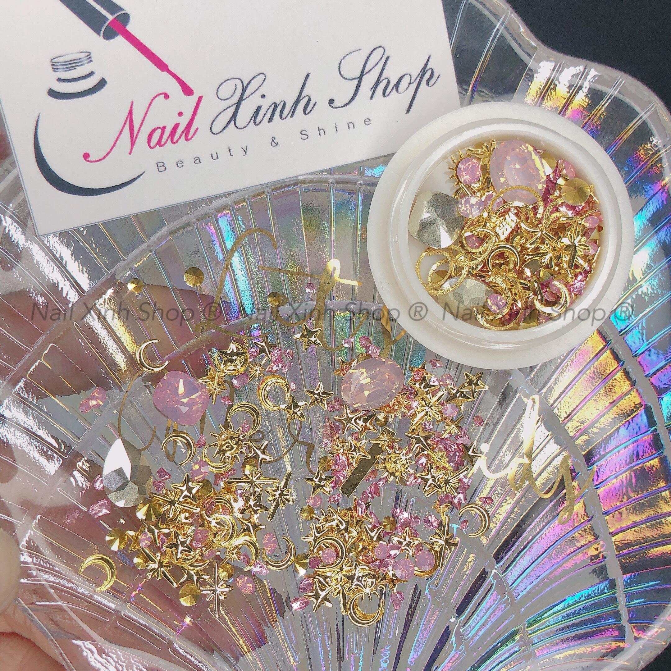 Đá trang trí móng đá nail hộp tròn phụ kiện nail trang trí móng tay