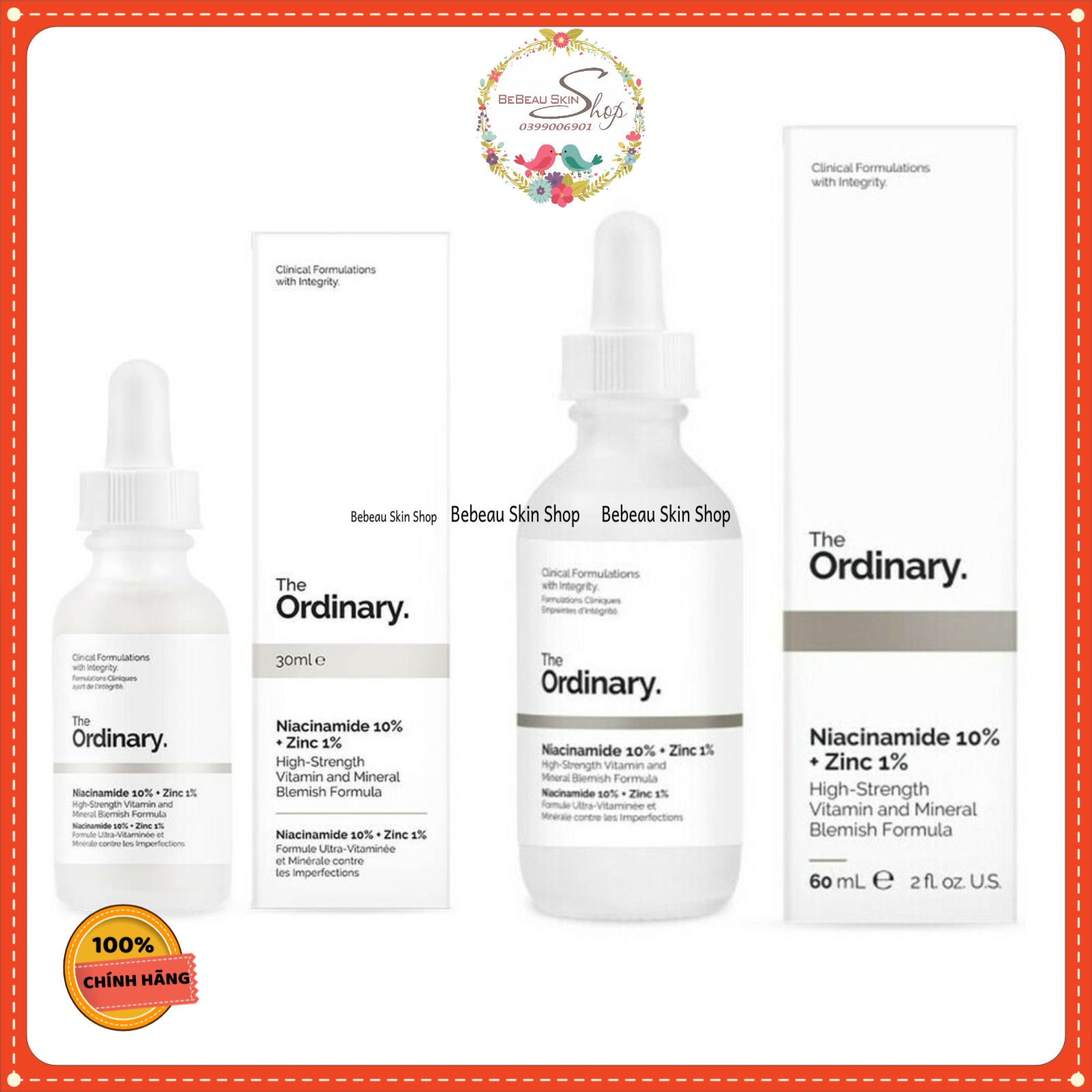 Tinh Chất The Ordinary Niacinamide 10% + Zinc 1% Giảm Mụn Thu Nhỏ Lỗ Chân Lông 30Ml - Bebeau Skin Shop