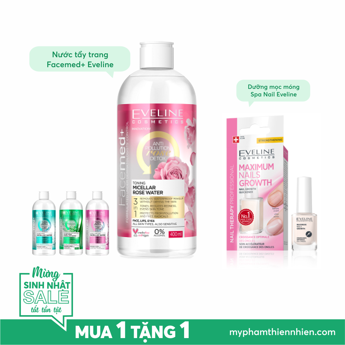 Nước tẩy trang làm dịu mát da 3 trong 1 Eveline chiết xuất Lô hội Facemed 400ml