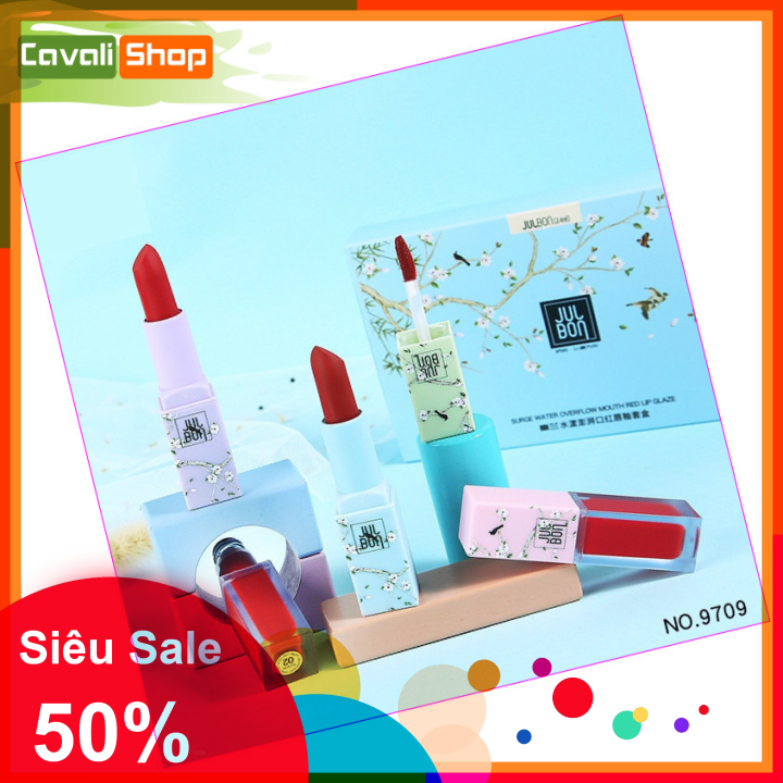 [TẶNG KÈM NƯỚC HOA 20ML] Set son Julbon Surge Water 4 cây - Cavali - gồm 2 son kem + 2 son thỏi lì mịn màu chuẩn - Tặng kèm gương mini