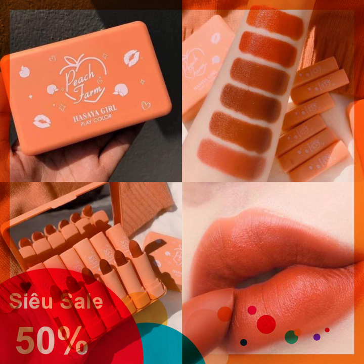 [HÀNG MỚI VỀ] Set 6 son Hasaya Peach Farm mini kèm gương - CAVALI - Tone màu chuẩn mịn lâu trôi không khô môi