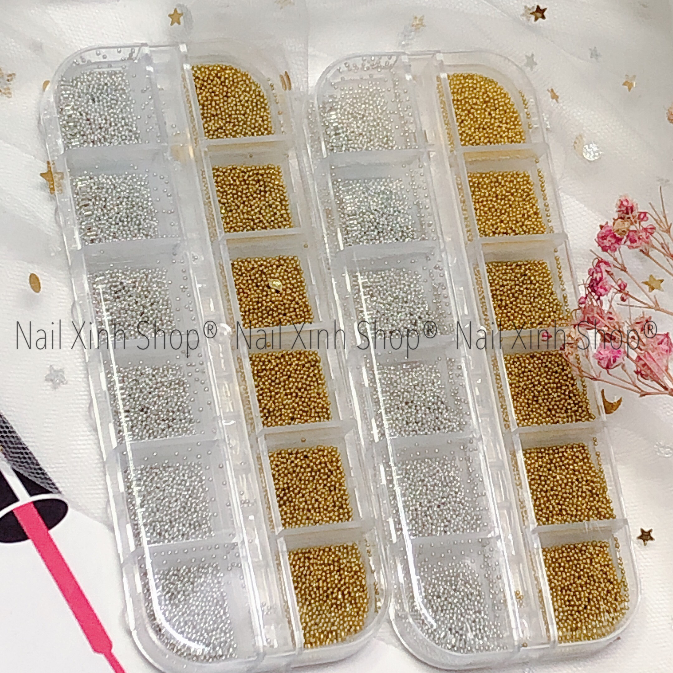 [Hcm]Khay 12 Ô Bi Hạt Gắn Móng Nailbi Hạt Nail Vàng + Trắng - Full Size Phụ Kiện Nail Chuyên Dụng