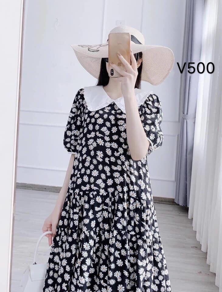 Váy bầu - Đầm chất đẹp họa tiết hoa cúc họa mi đen - Hàng Quảng Châu V500