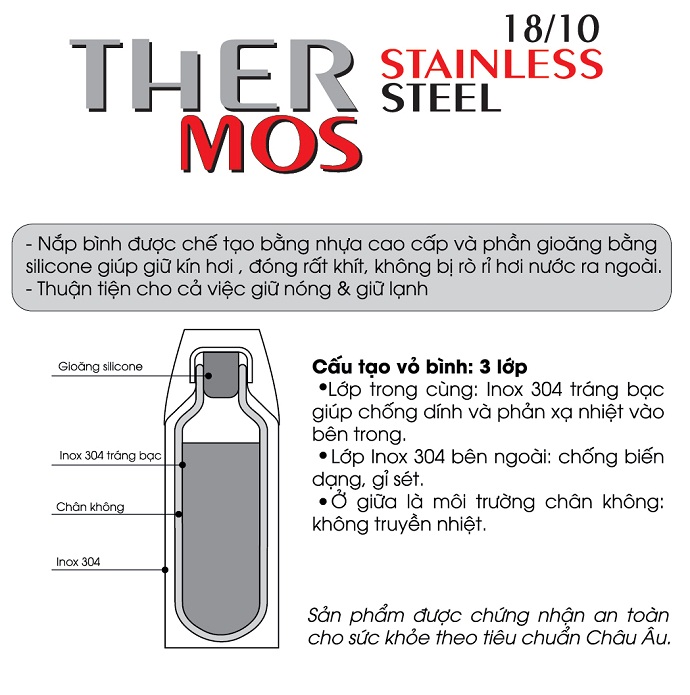 Bình giữ nhiệt Elmich inox 750ml S7 có cấu tạo inox 304 an toàn cho sức khỏe