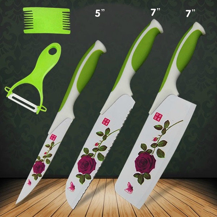 Bộ dao nhà bếp bằng thép in hoa hồng