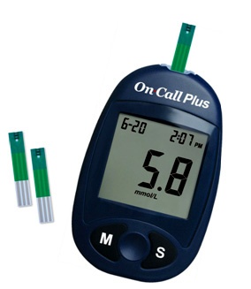 Mặt trước và mặt sau của máy đo đường huyết Oncall Plus