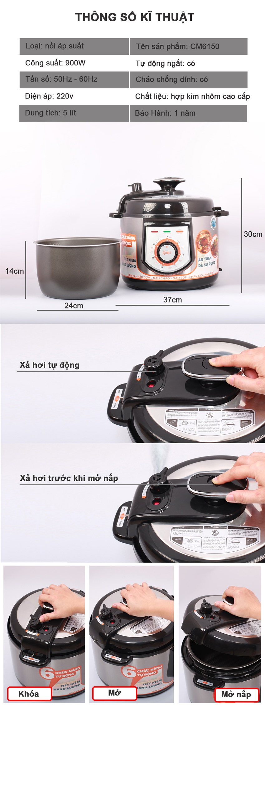 Nồi áp suất Comet CM6150 5L - Thông số kỹ thuật