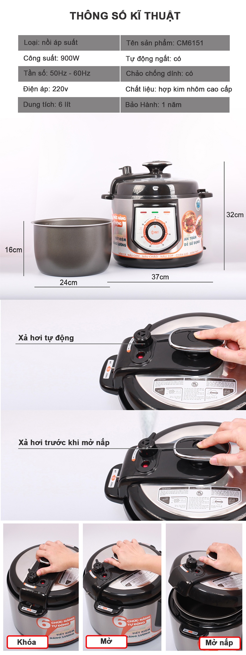 Nồi áp suất điện Comet CM6151 6L - Thông số kỹ thuật