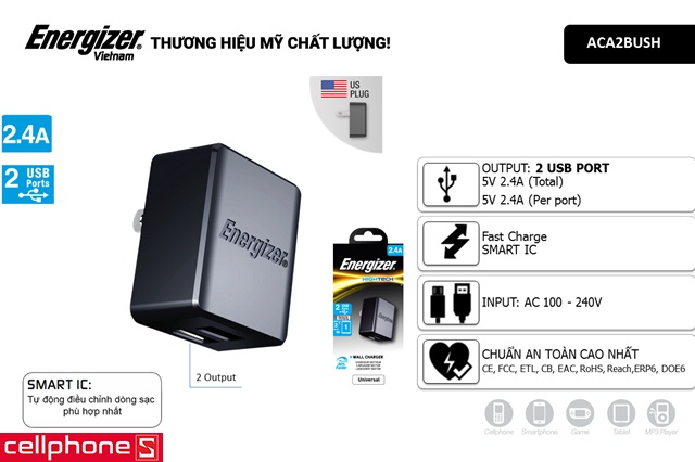 Energizer Hightech Wall Charger 2.4 A 2 USB ACA2BUSHBK3 | CellphoneS.com.vn