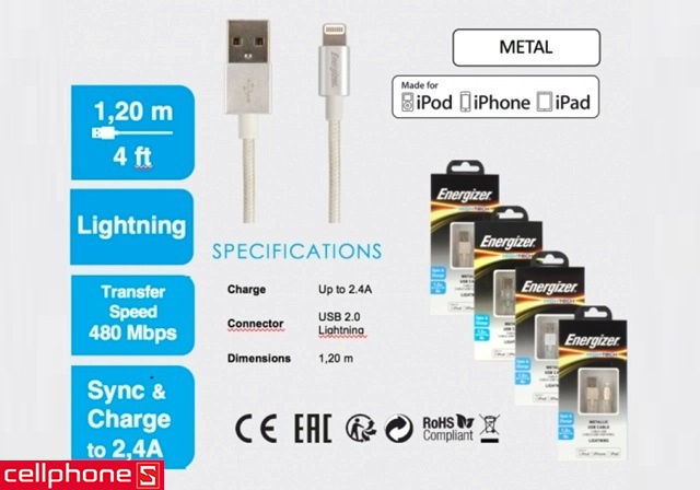 Cáp Energizer Hightech Lightning Metallic 1.2 m C13UBLIG