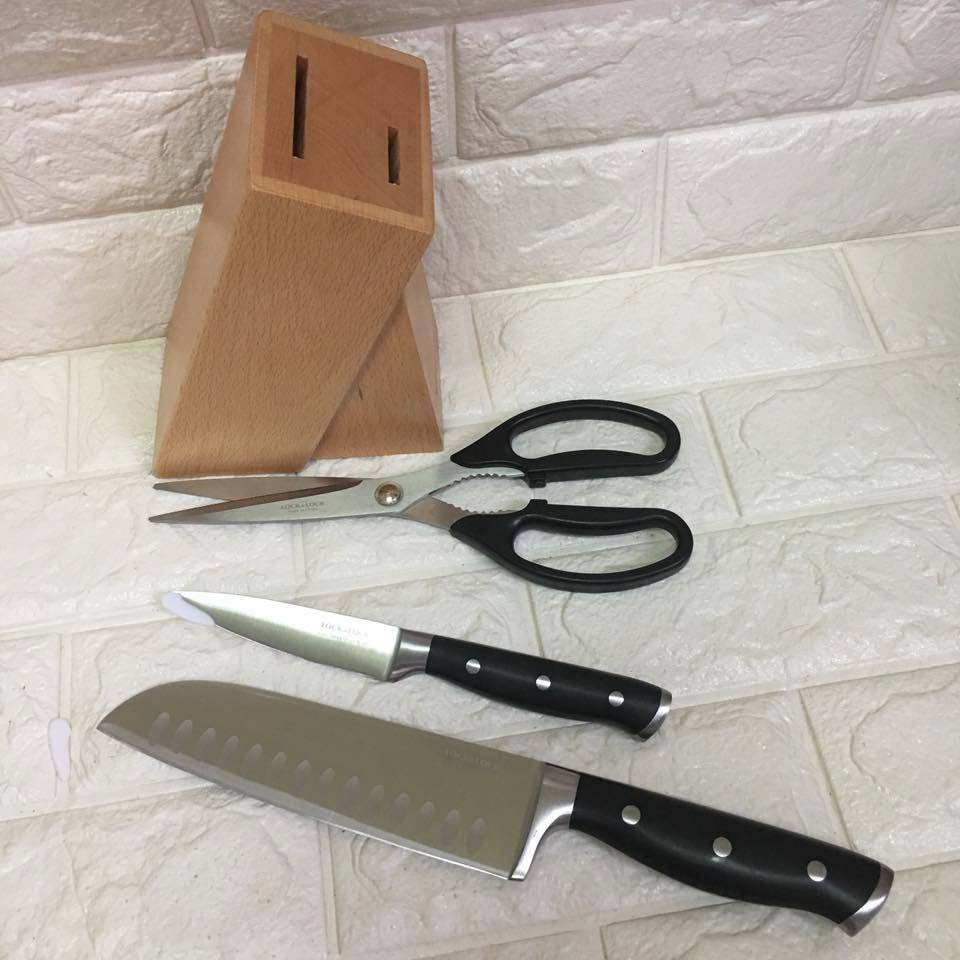 Bộ 4 món 2 dao, 1 kéo Inox 304 và giá gỗ cắm dao Lock&lock CKK401
