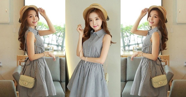 HÀNG CAO CẤP: Đầm xòe sơ mi kẻ caro thắt nơ! 2