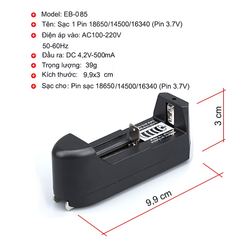 thông số của sạc 1 pin 18650-14500-16340