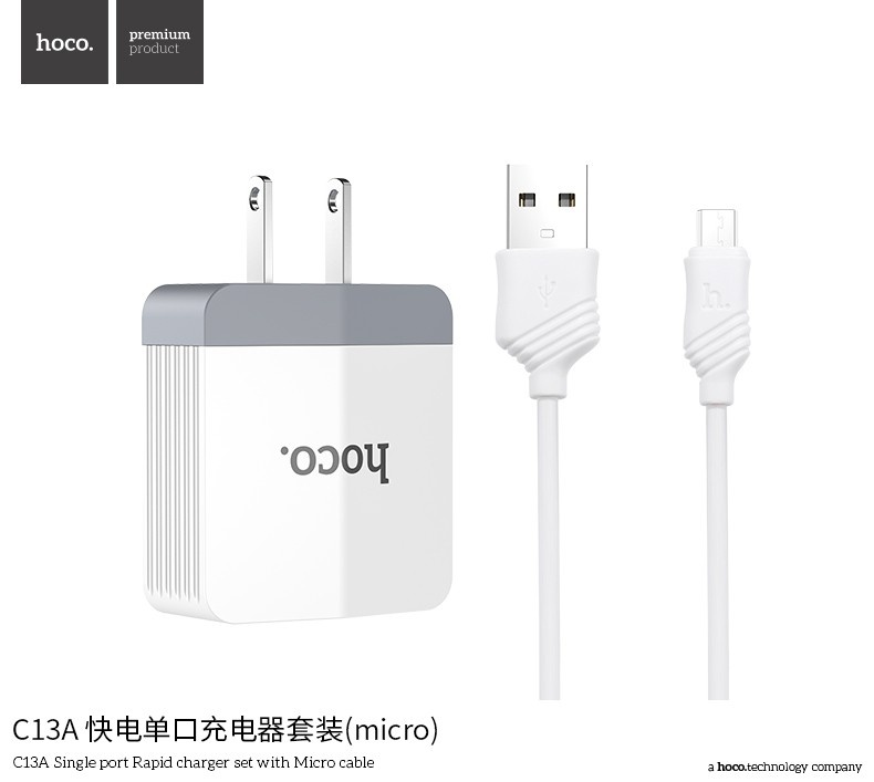C13A 2.4A USB charger set with micro cable Hoco US plug single port rapid charger for Samsung/huawei MT-6298